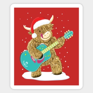 Scottish Highland Cow Plays Guitar In The Christmas Snow Magnet